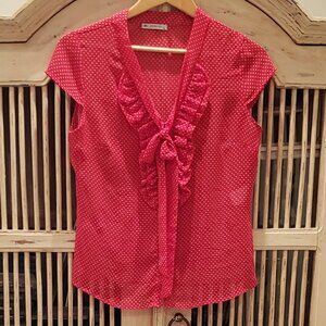 Journey Sheer Red and White Polka Dot Button Down Blouse with Neck Tie